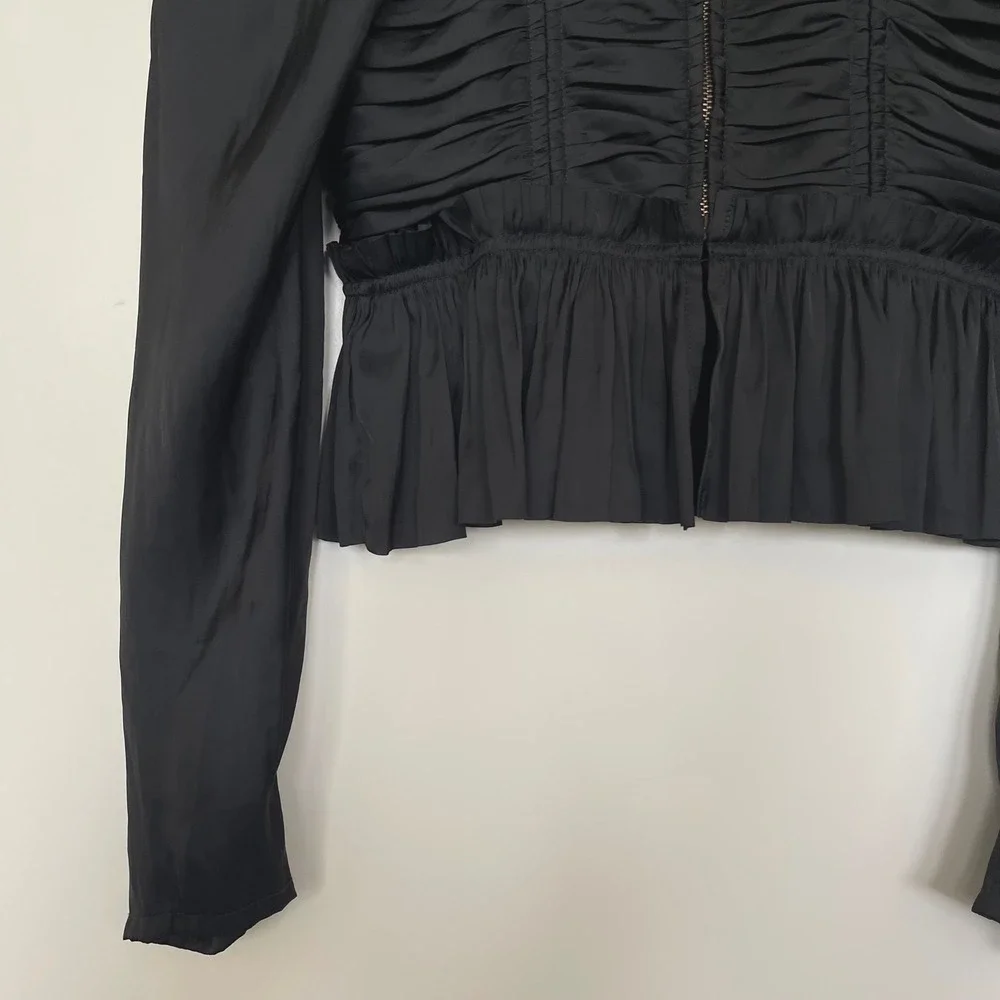 Ulla Johnson Mia Blouse Sz 0 Black Plisse Satin Bustier Puff Sleeve Pleated Sexy